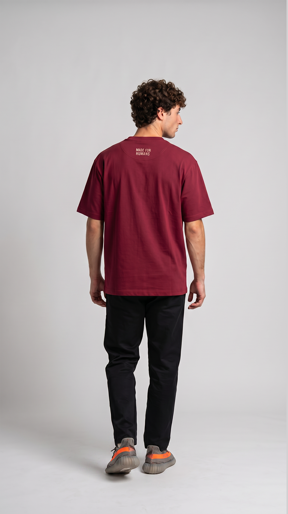 MADE FOR HUMANS oversized cotton t-shirt in Maroon — worn, lifestyle shot