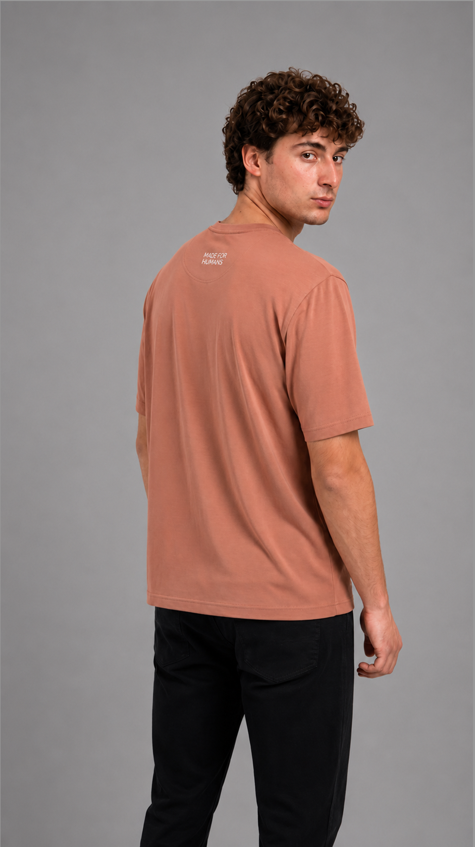 MADE FOR HUMANS oversized cotton t-shirt in Mocha Mousse — worn, lifestyle shot