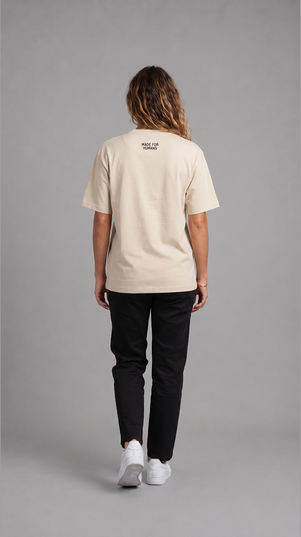 MADE FOR HUMANS oversized cotton t-shirt in Beige — worn, lifestyle shot