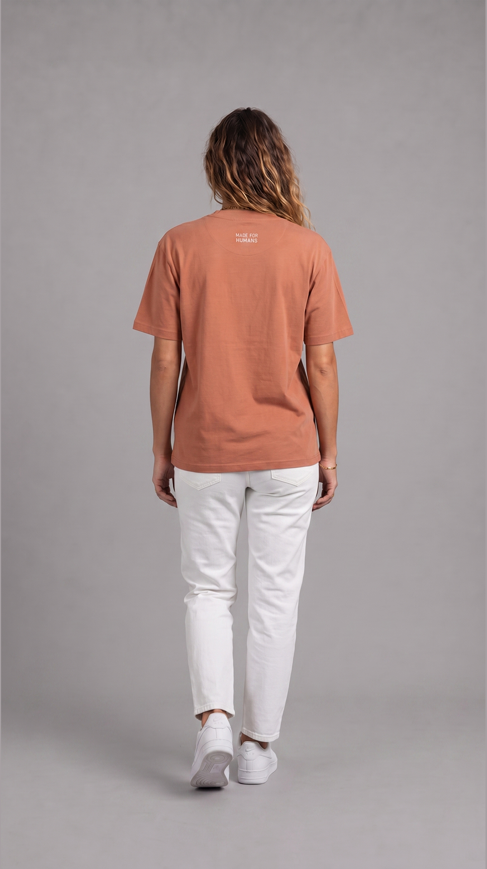 MADE FOR HUMANS oversized cotton t-shirt in Mocha Mousse — worn, lifestyle shot